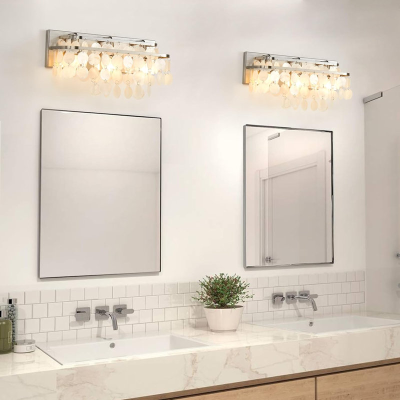 Veun 3 Light Dimmable Bathroom Vanity Light Natural Capiz Shell Shade Coastal Modern Brushed Nickel